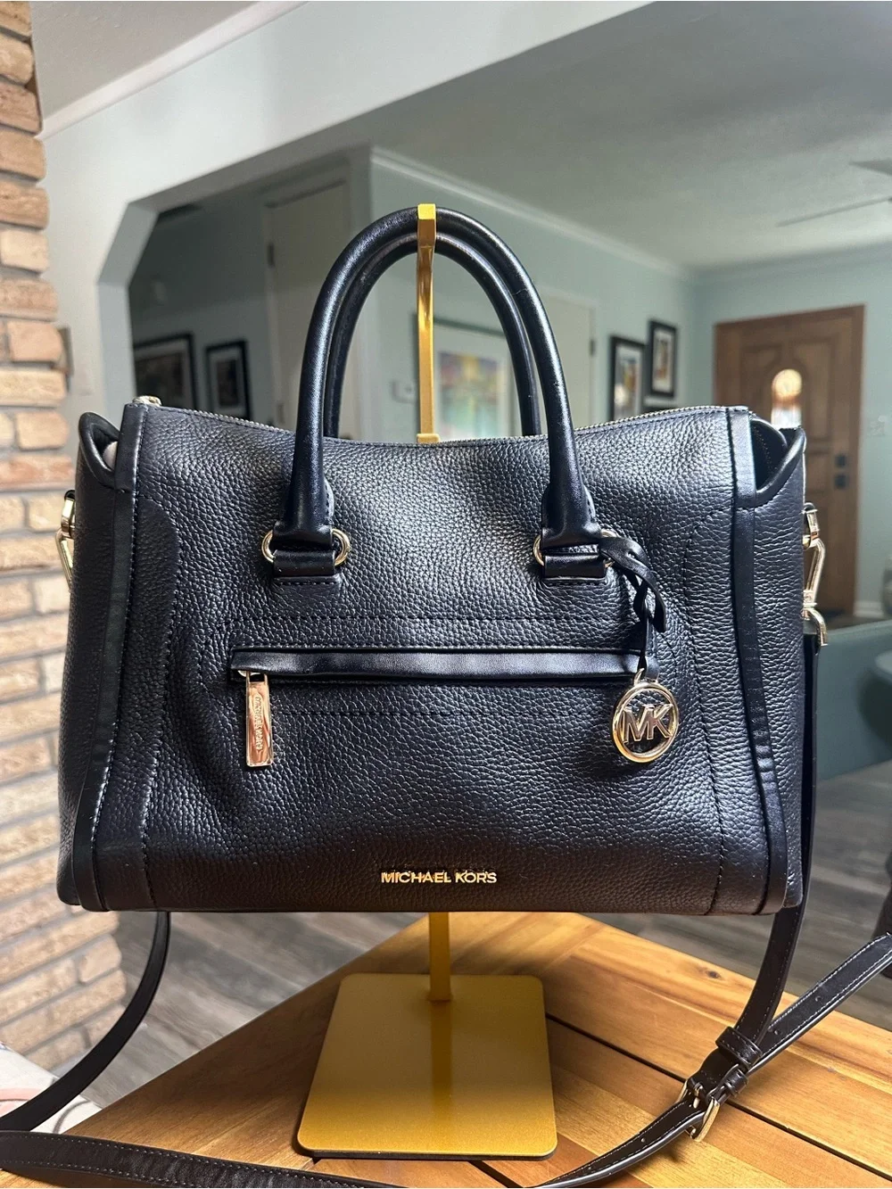 Michael Kors Carine Black Pebbled Leather Satchel with Gold Hardware